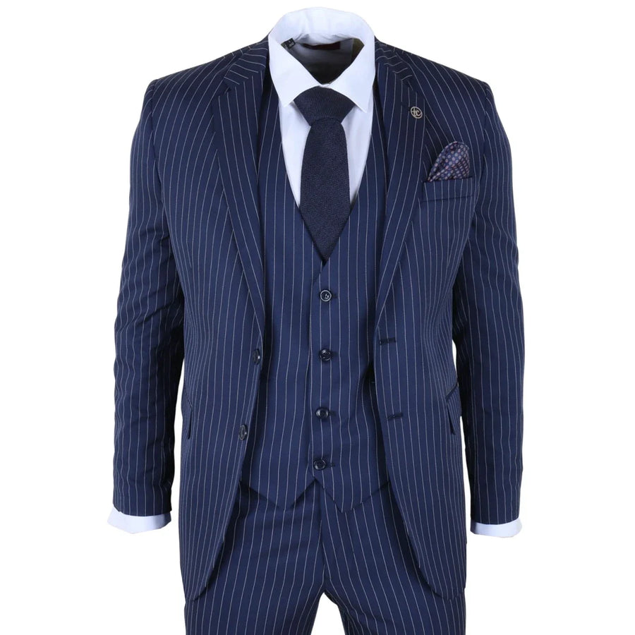 Men's Classic Pinstripe 3 Piece Navy Blue Suit by TruClothing