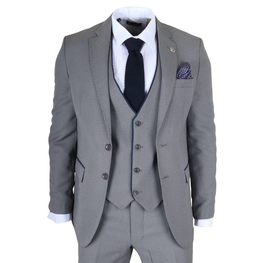 Men's 3 Piece Grey Tailored Fit Suit with Blue Trim by TruClothing
