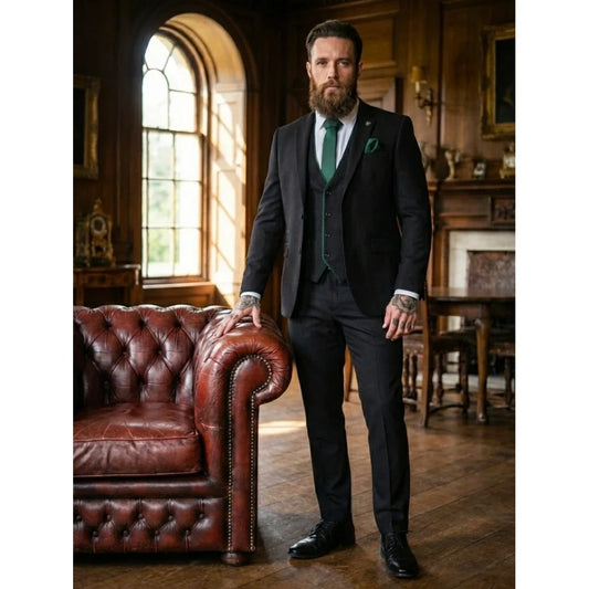 Men's 3 Piece Black Tailored Fit Suit with Green Trim by TruClothing