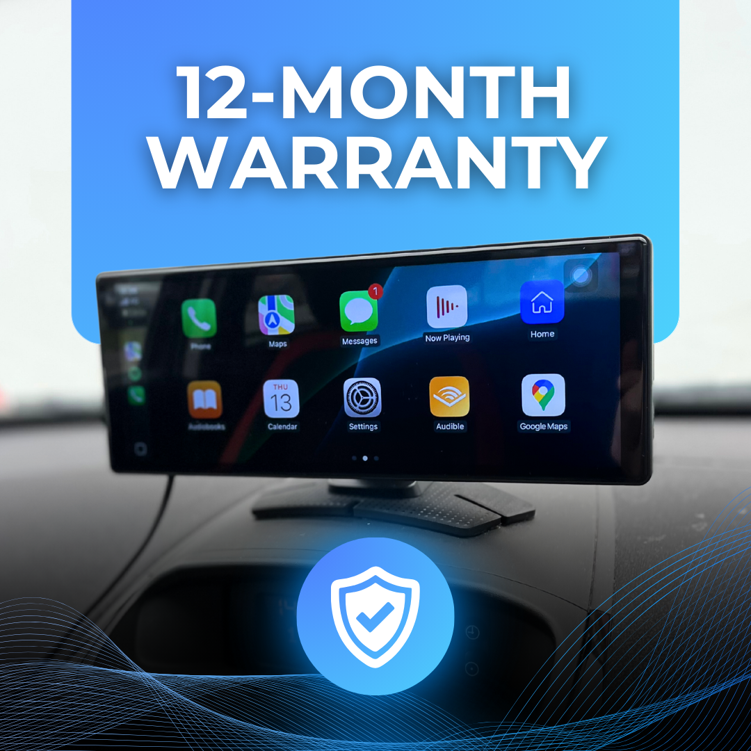Car dashboard with a touchscreen display and 12-month warranty text on a blue background