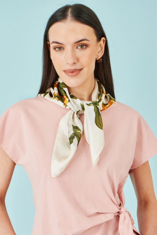 Ivory Botanical Rose Print Scarf - 100% Silk - Bascora