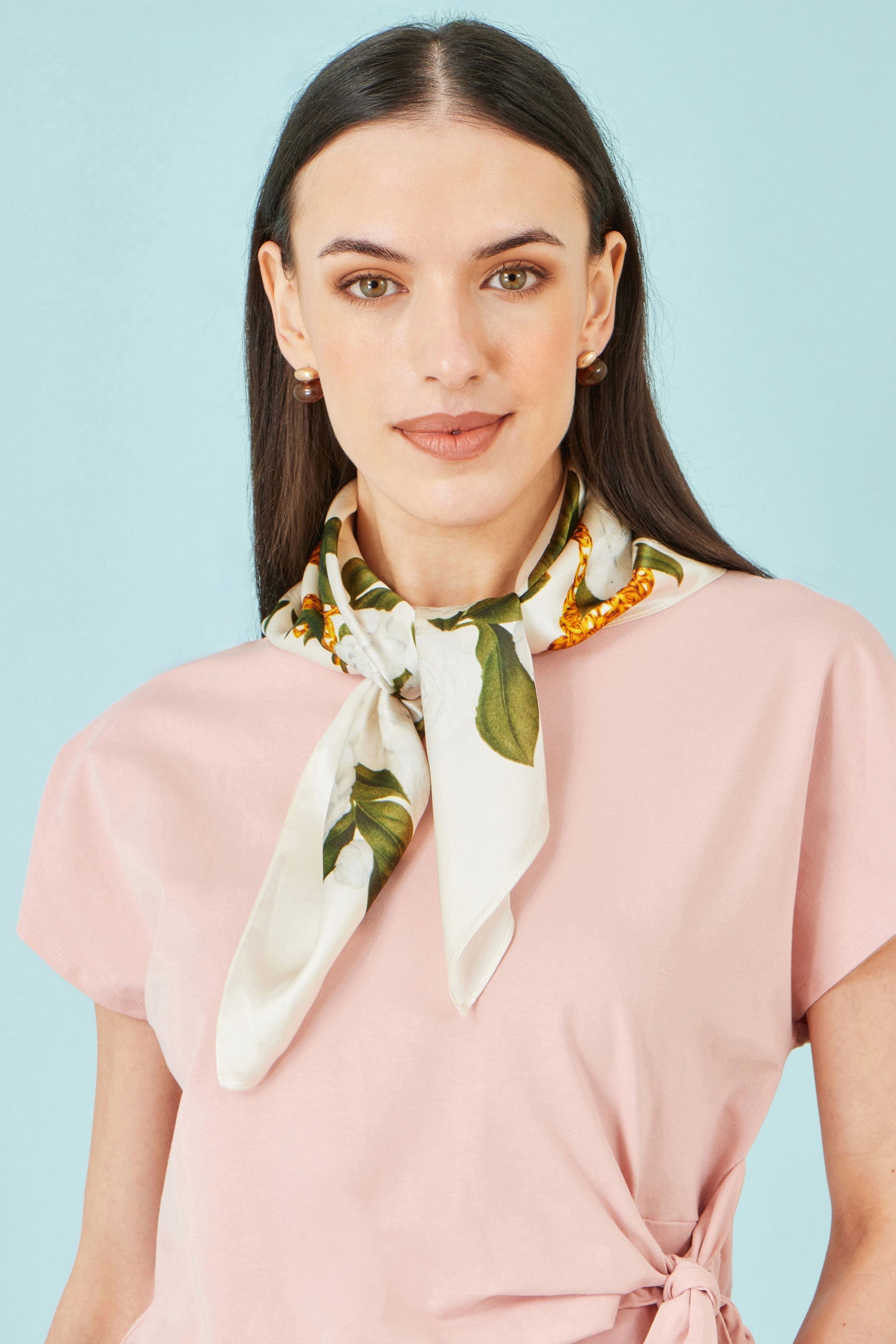 Ivory Botanical Rose Print Scarf - 100% Silk - Bascora