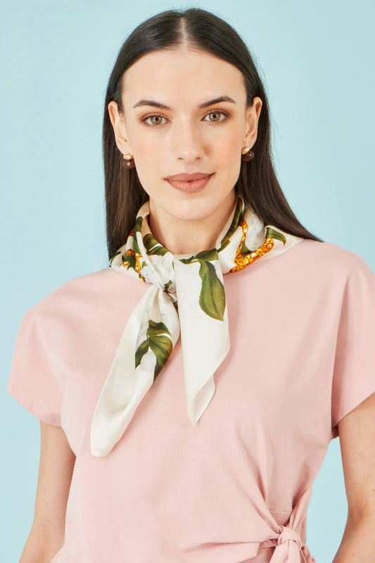 Ivory Botanical Rose Print Scarf - 100% Silk - Bascora