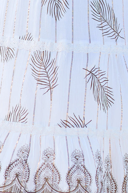 Ivory Foil Print Midi Sun Dress With Lace Trims - Bascora