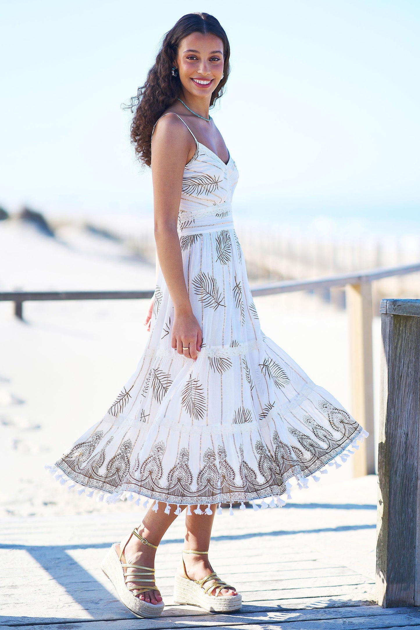 Ivory Foil Print Midi Sun Dress With Lace Trims - Bascora