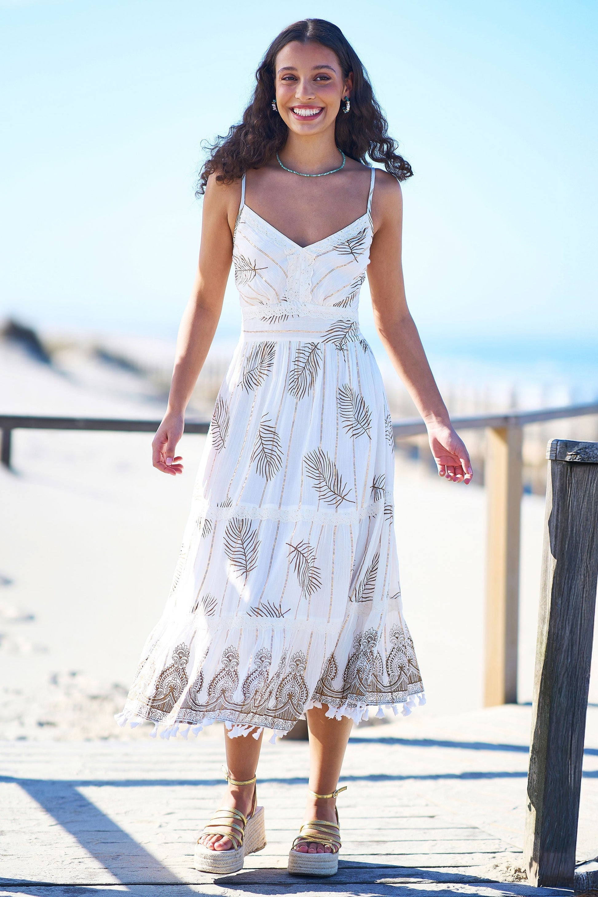 Ivory Foil Print Midi Sun Dress With Lace Trims - Bascora