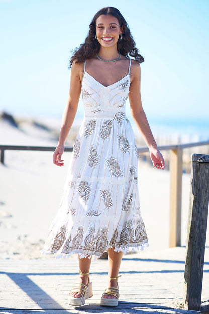 Ivory Foil Print Midi Sun Dress With Lace Trims - Bascora