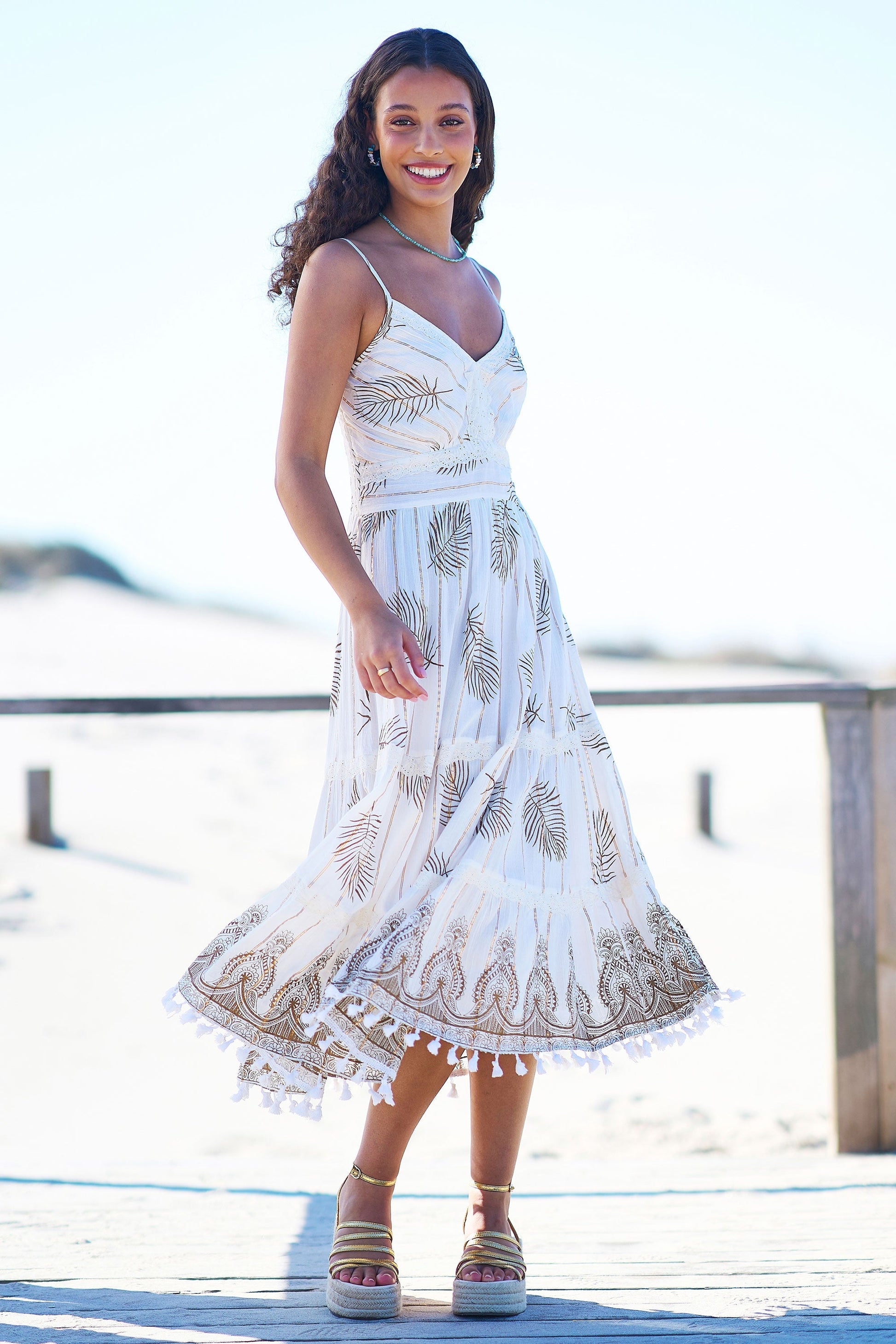 Ivory Foil Print Midi Sun Dress With Lace Trims - Bascora