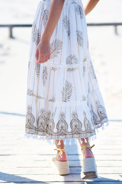 Ivory Foil Print Midi Sun Dress With Lace Trims - Bascora