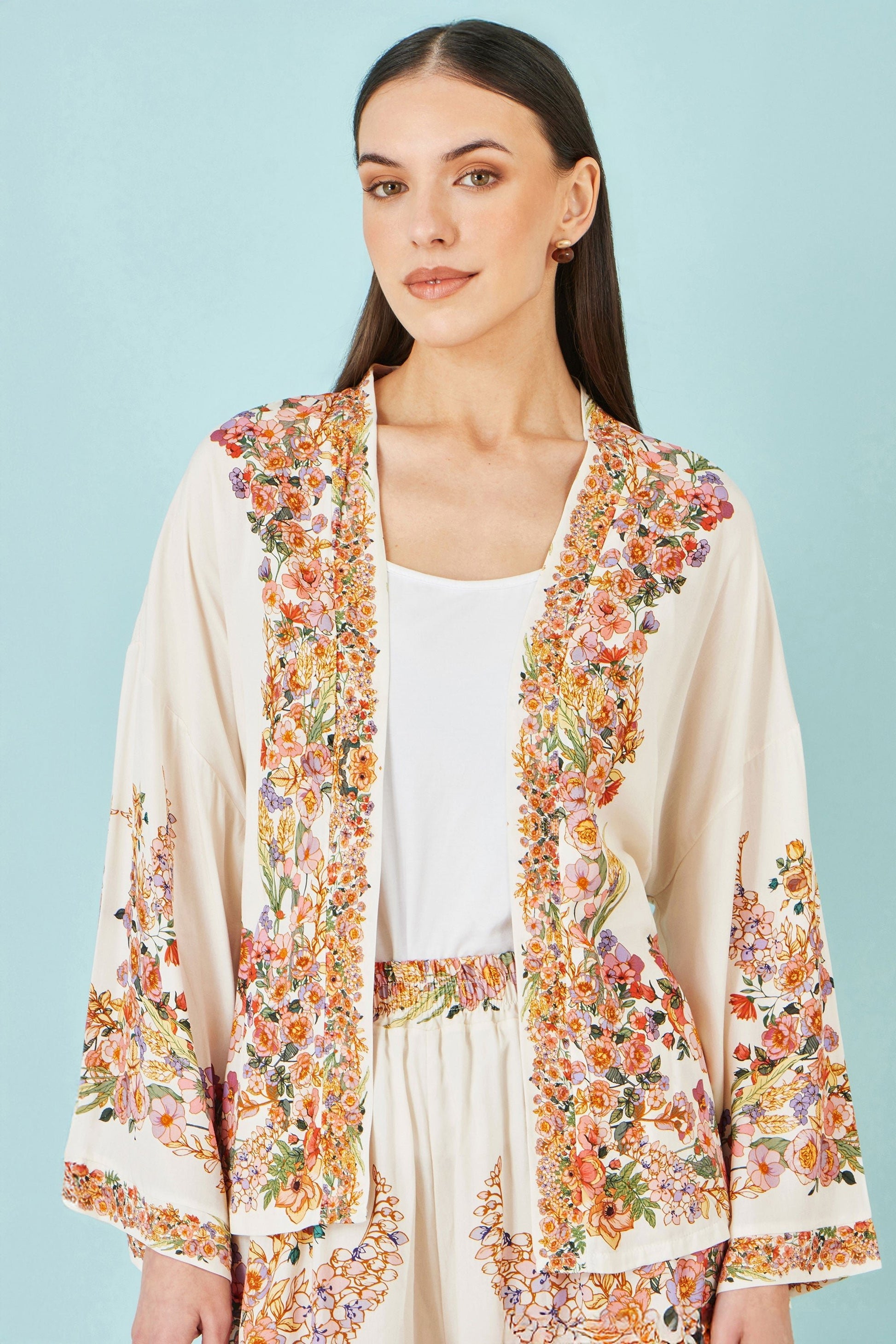 Ivory Viscose Floral Border Kimono With Tie Belt - Bascora