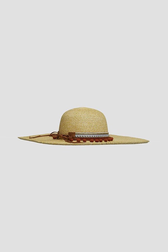 January Large Brim Straw Hat With Pom Trim - Bascora
