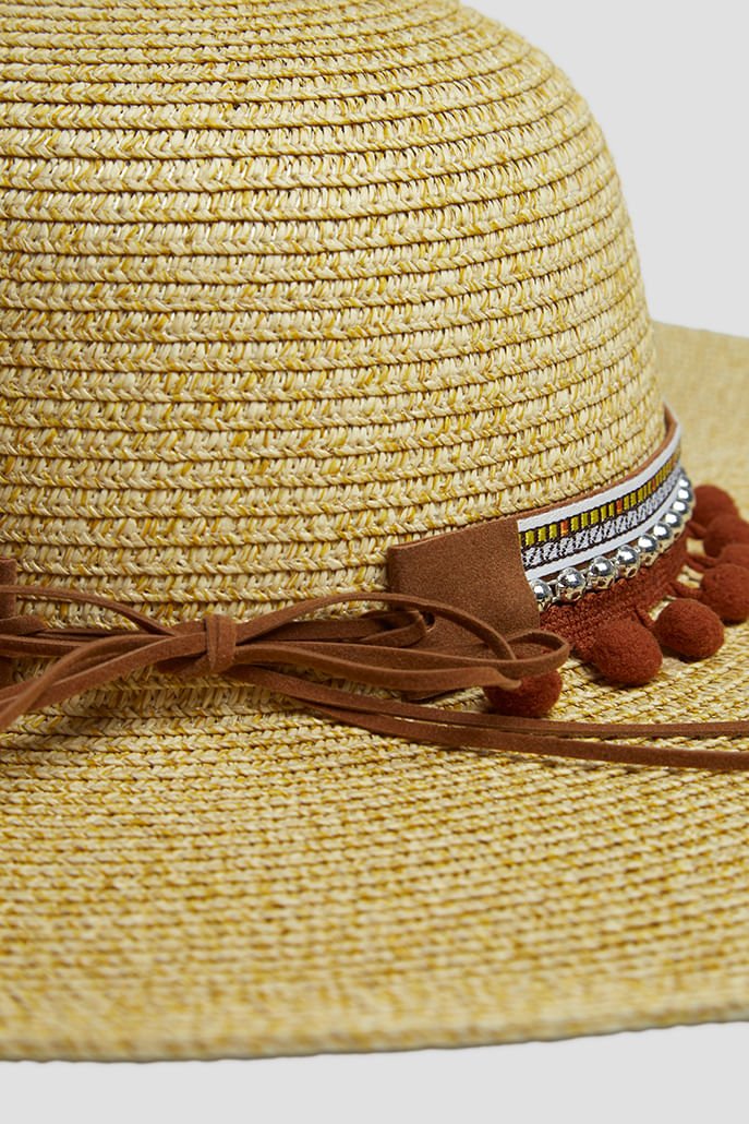January Large Brim Straw Hat With Pom Trim - Bascora