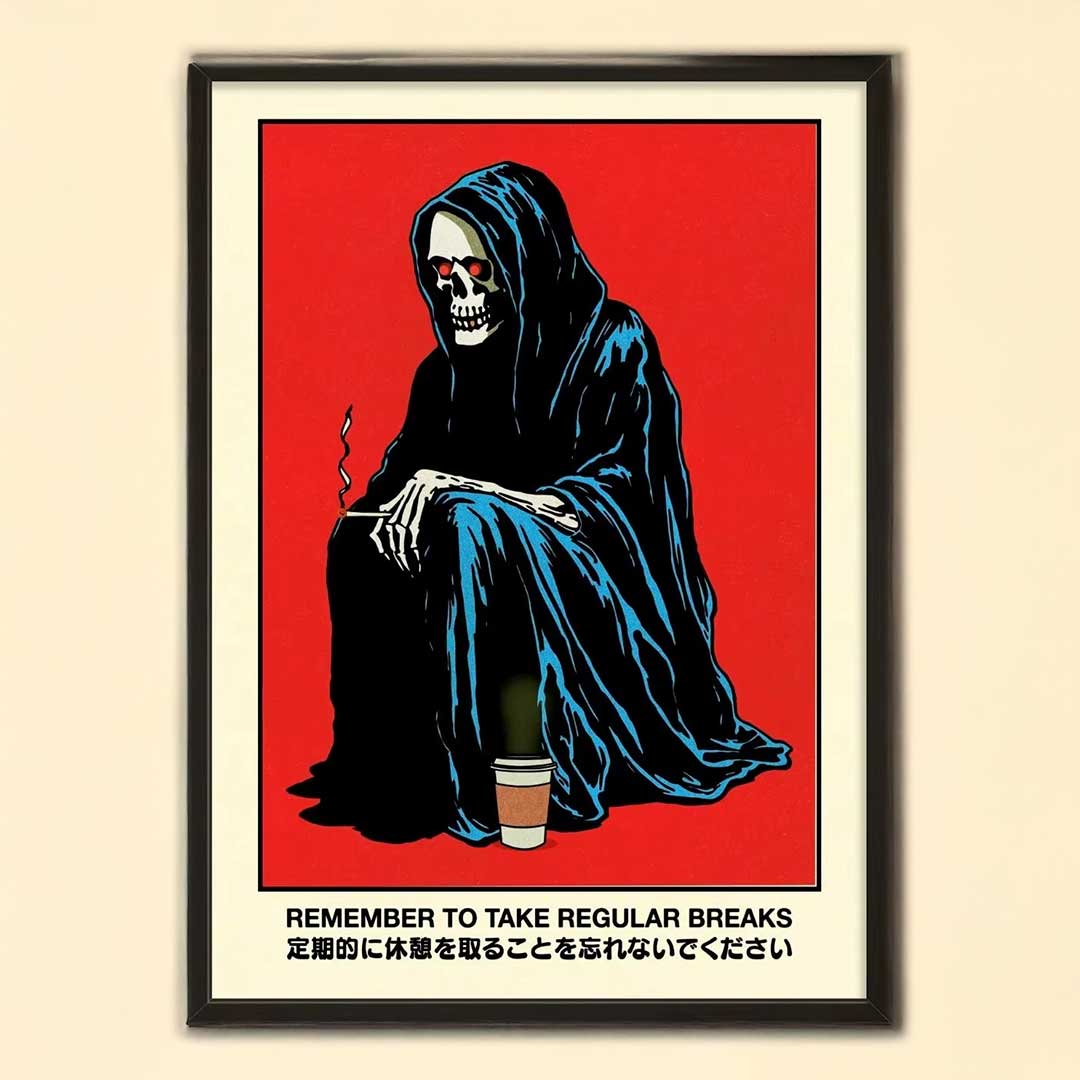 Framed artwork of a skeleton in a blue hood with a coffee cup on a red background.
