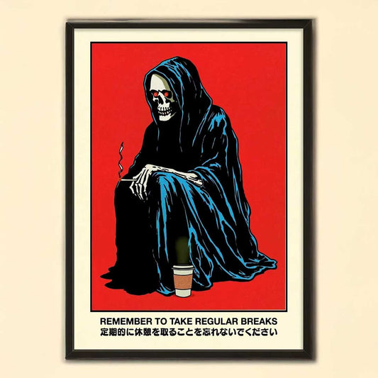 Framed artwork of a skeleton in a blue hood with a coffee cup on a red background.