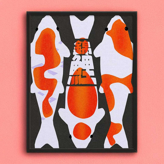 Framed artwork with abstract design of orange and white shapes on a pink background