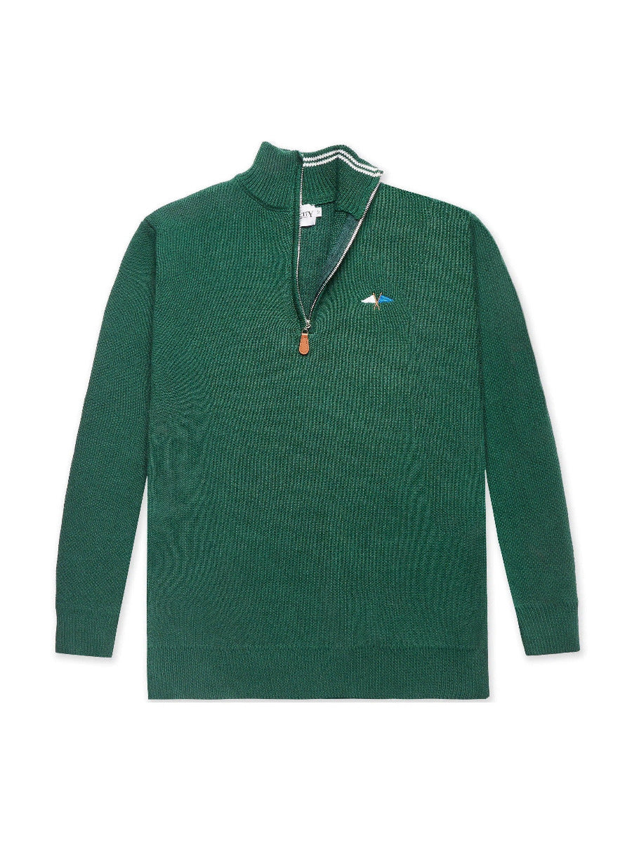 Green sweater with a small logo on a white background