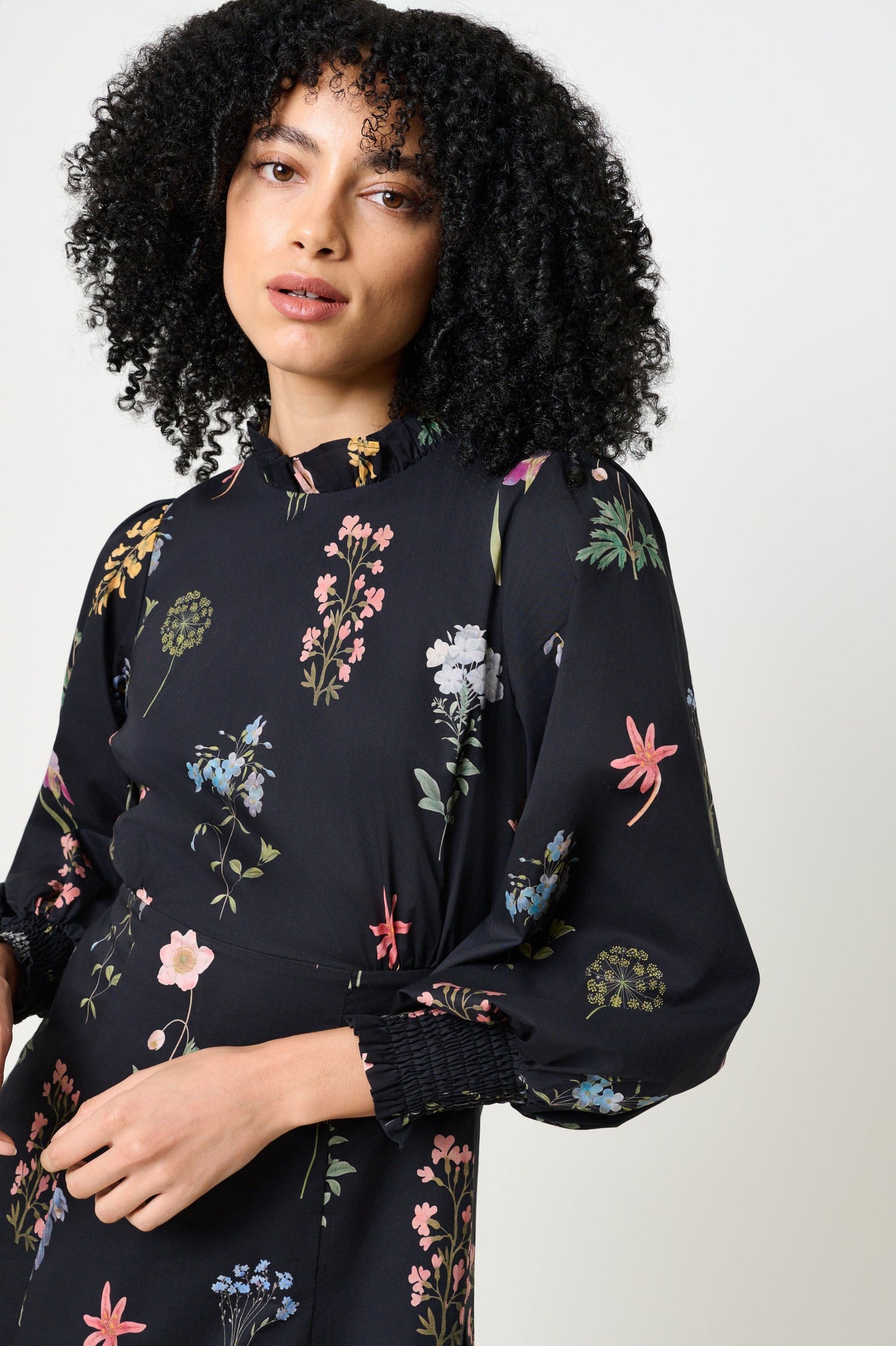 Jessie Flower Press Print Frill Neck Midi Dress - Bascora
