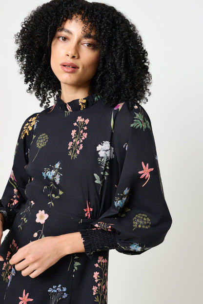 Jessie Flower Press Print Frill Neck Midi Dress - Bascora