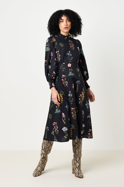 Jessie Flower Press Print Frill Neck Midi Dress - Bascora