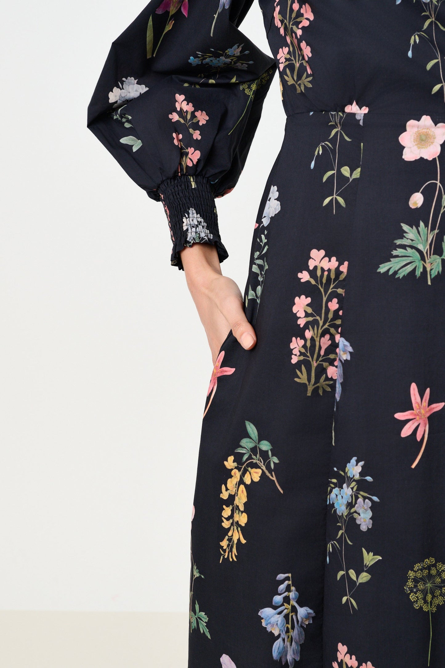 Jessie Flower Press Print Frill Neck Midi Dress - Bascora