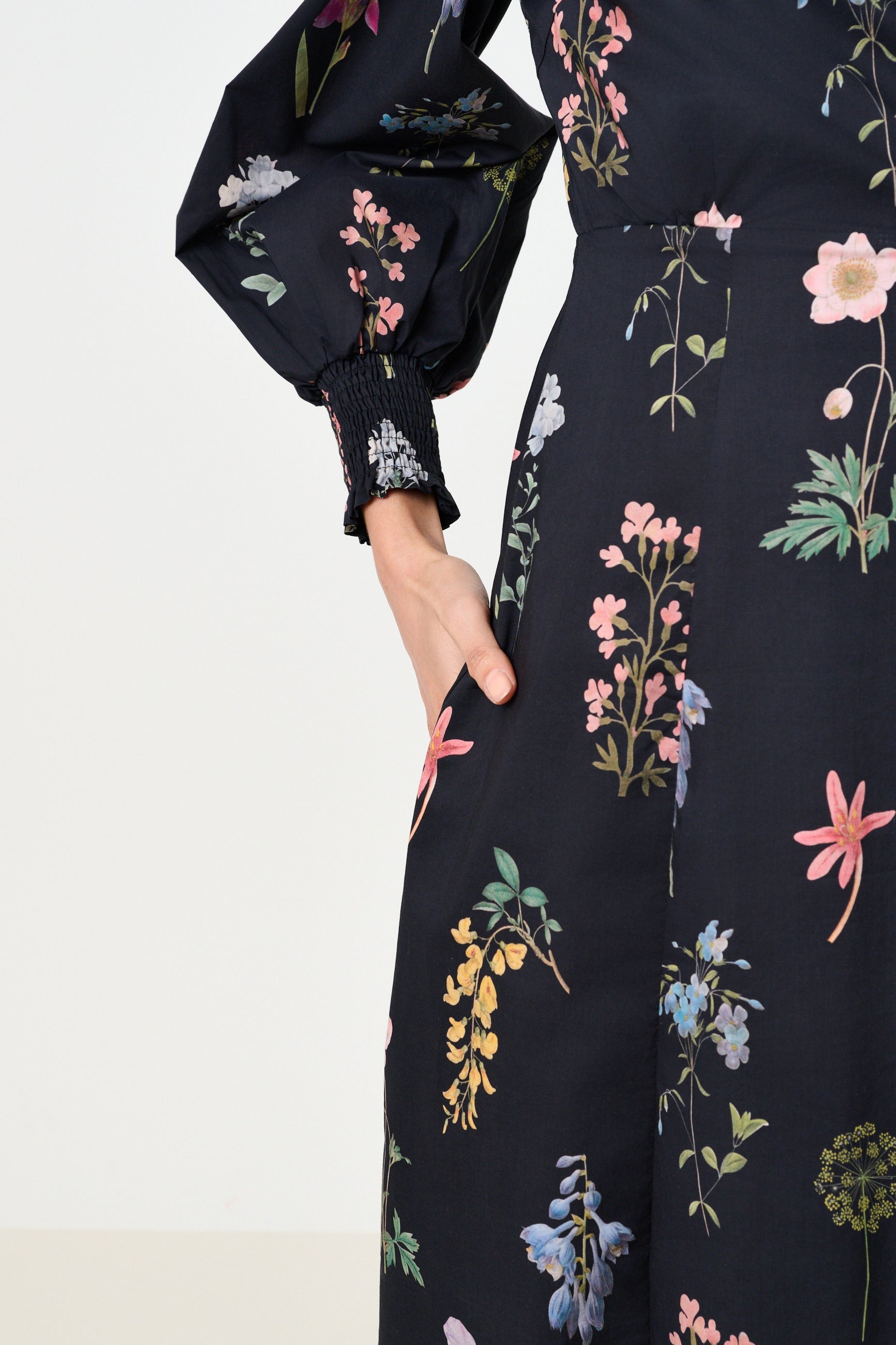 Jessie Flower Press Print Frill Neck Midi Dress - Bascora