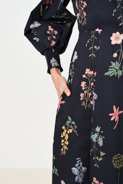 Jessie Flower Press Print Frill Neck Midi Dress - Bascora