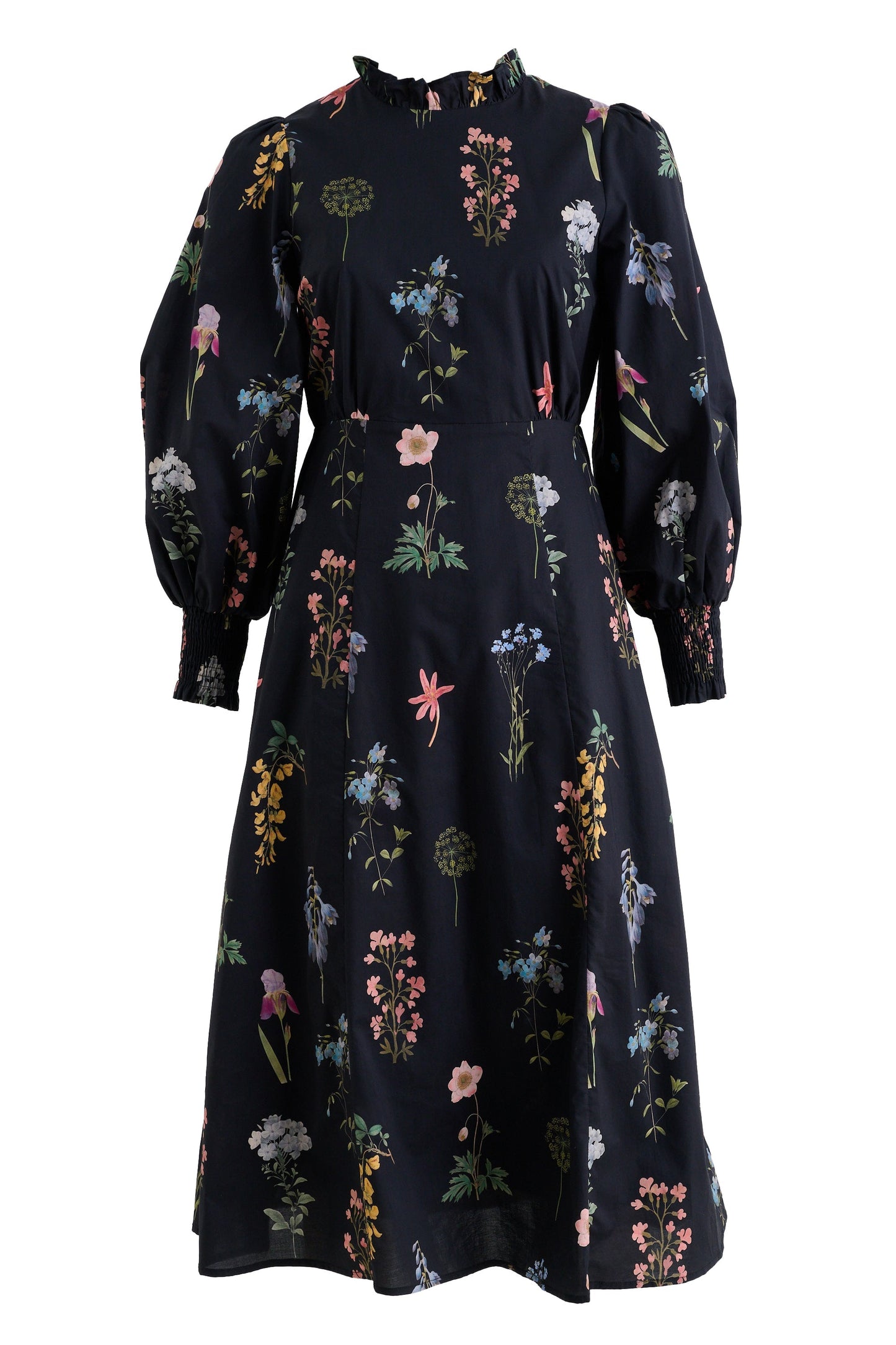 Jessie Flower Press Print Frill Neck Midi Dress - Bascora