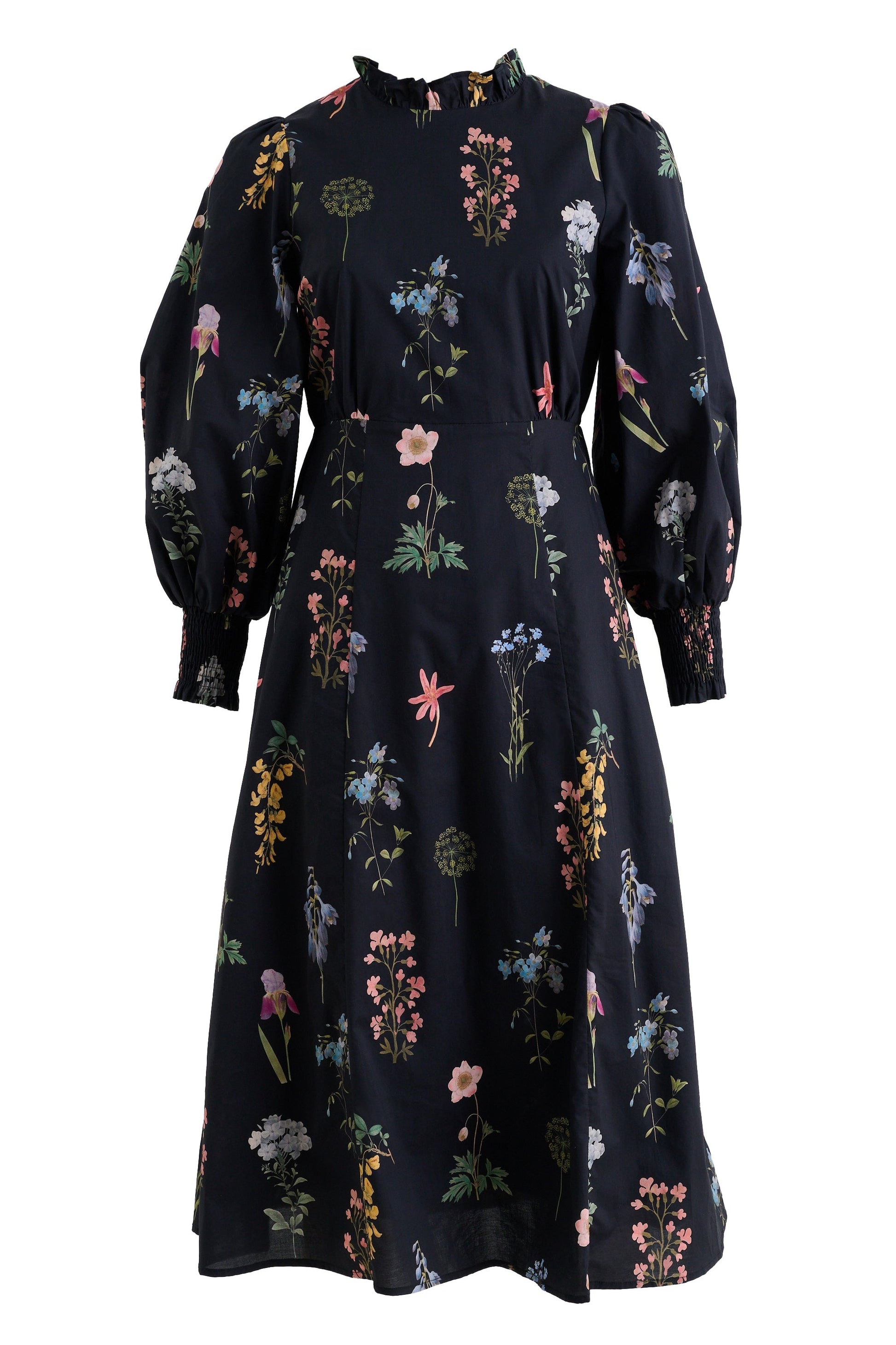 Jessie Flower Press Print Frill Neck Midi Dress - Bascora