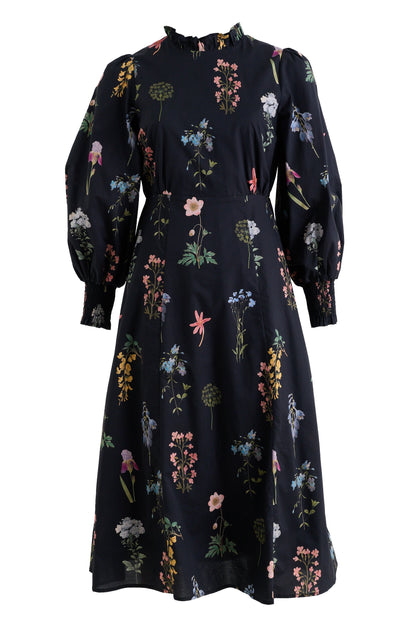 Jessie Flower Press Print Frill Neck Midi Dress - Bascora