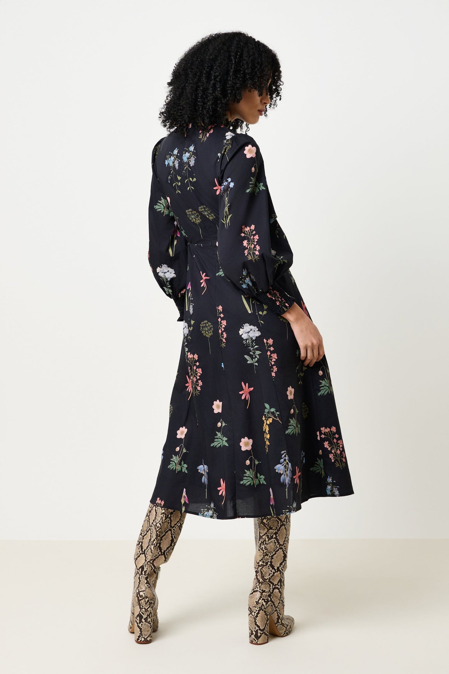 Jessie Flower Press Print Frill Neck Midi Dress - Bascora