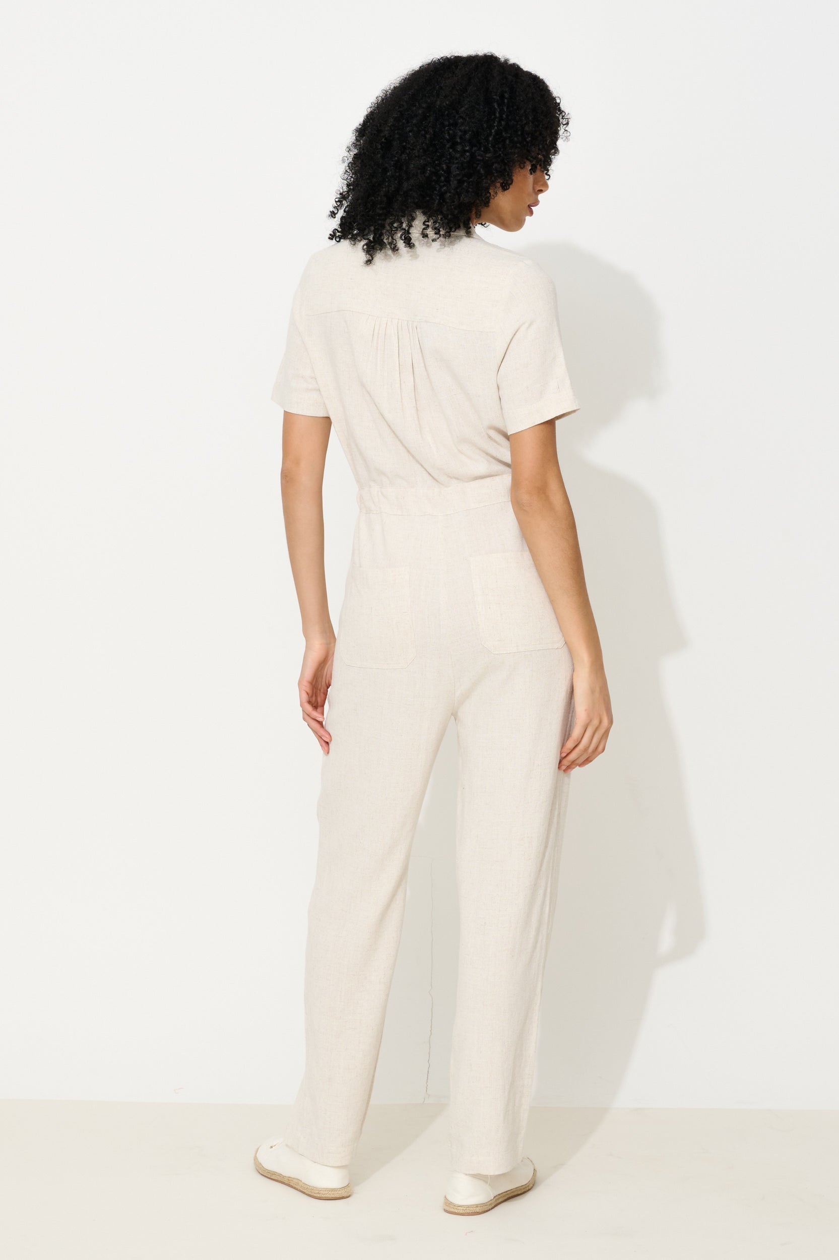 Justin Linen Mix Short Sleeve Jumpsuit – Natural - Bascora