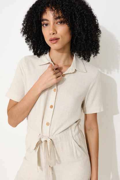 Justin Linen Mix Short Sleeve Jumpsuit – Natural - Bascora