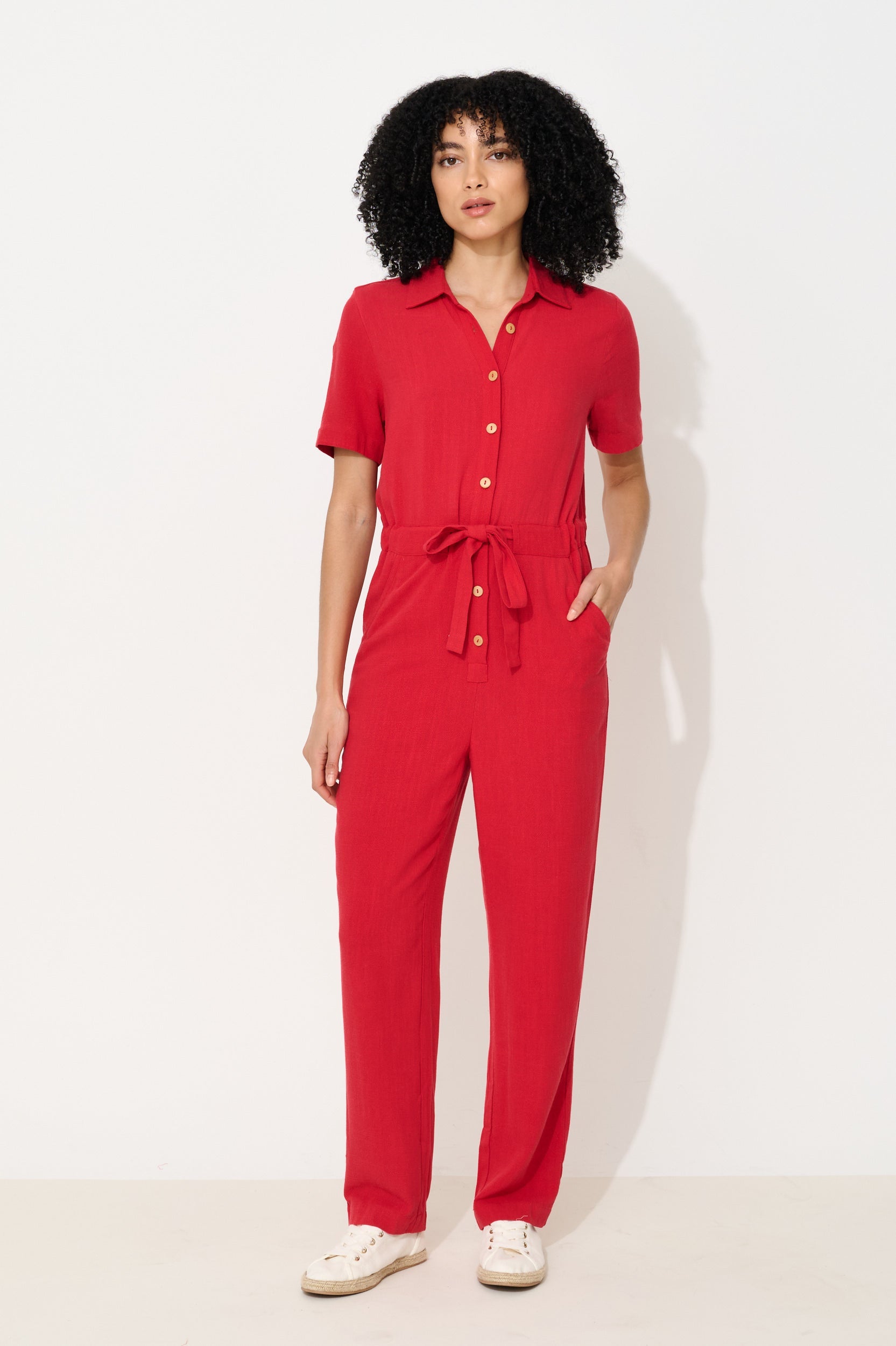Justin Linen Mix Short Sleeve Jumpsuit - Red - Bascora