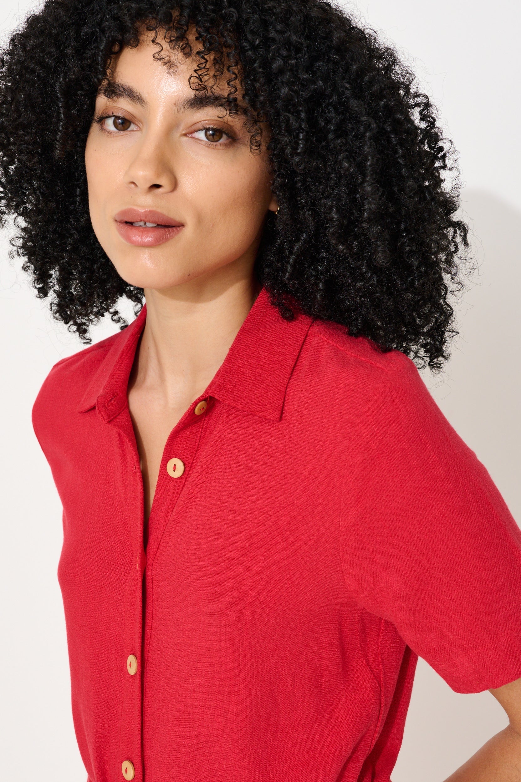 Justin Linen Mix Short Sleeve Jumpsuit - Red - Bascora