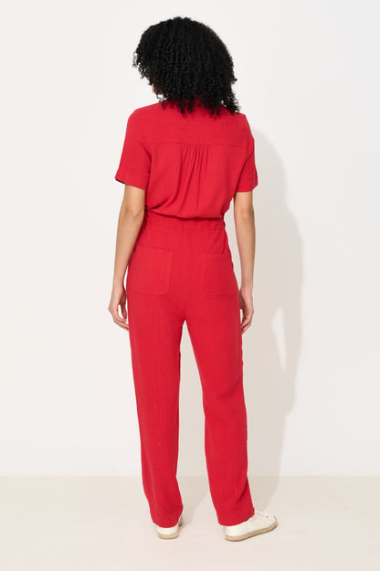 Justin Linen Mix Short Sleeve Jumpsuit - Red - Bascora