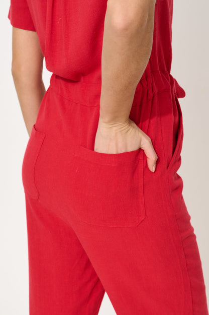 Justin Linen Mix Short Sleeve Jumpsuit - Red - Bascora