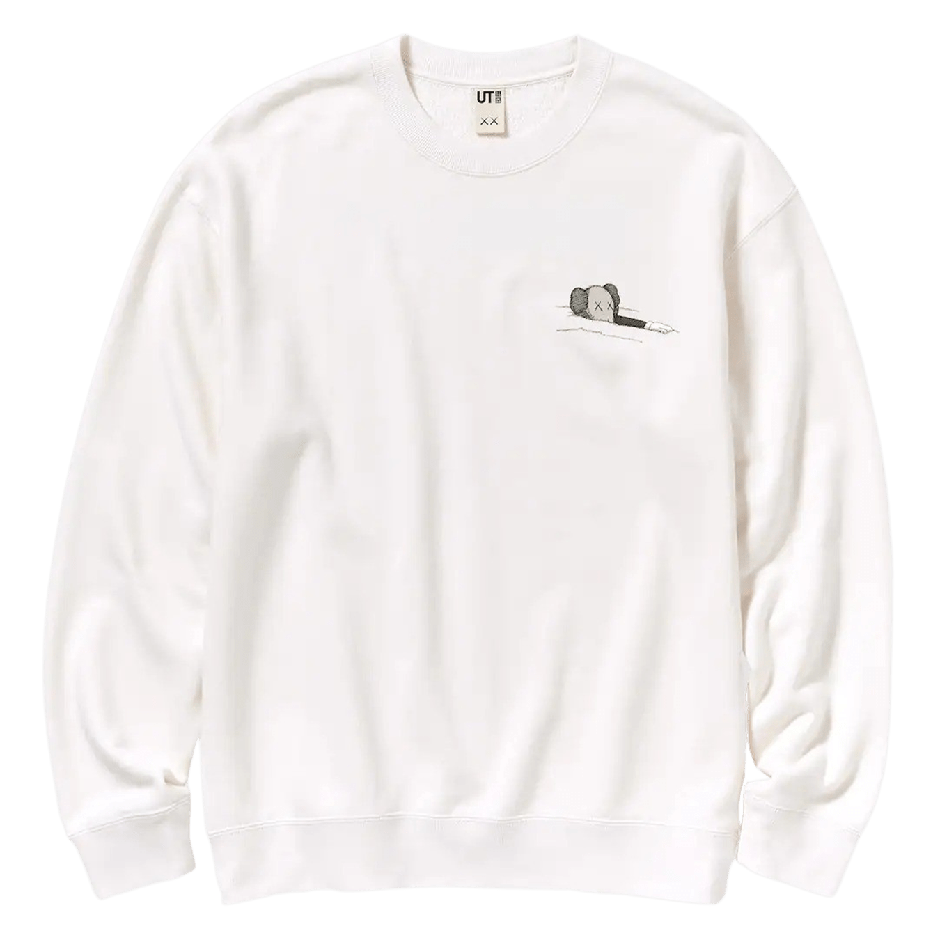 White sweatshirt with a small graphic on the chest against a green background