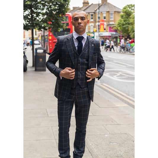 Men's Herringbone Tweed Navy Check 3 Piece Wool Suit