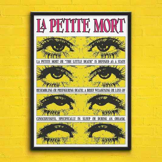 Poster with eyes and text on a yellow brick wall