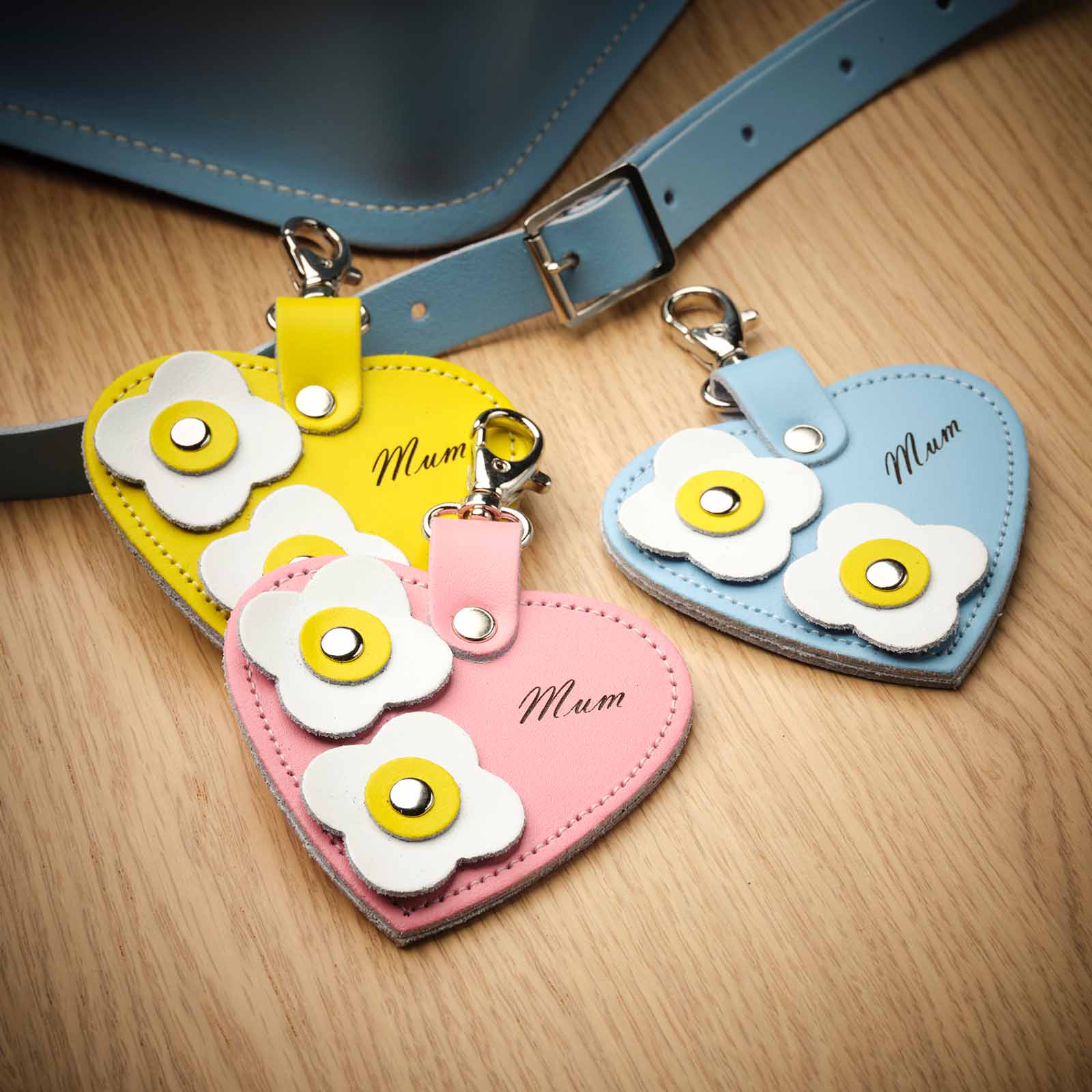 Leather Love Heart Bag Charm ‘Mum’ – Pastel Blue - Bascora