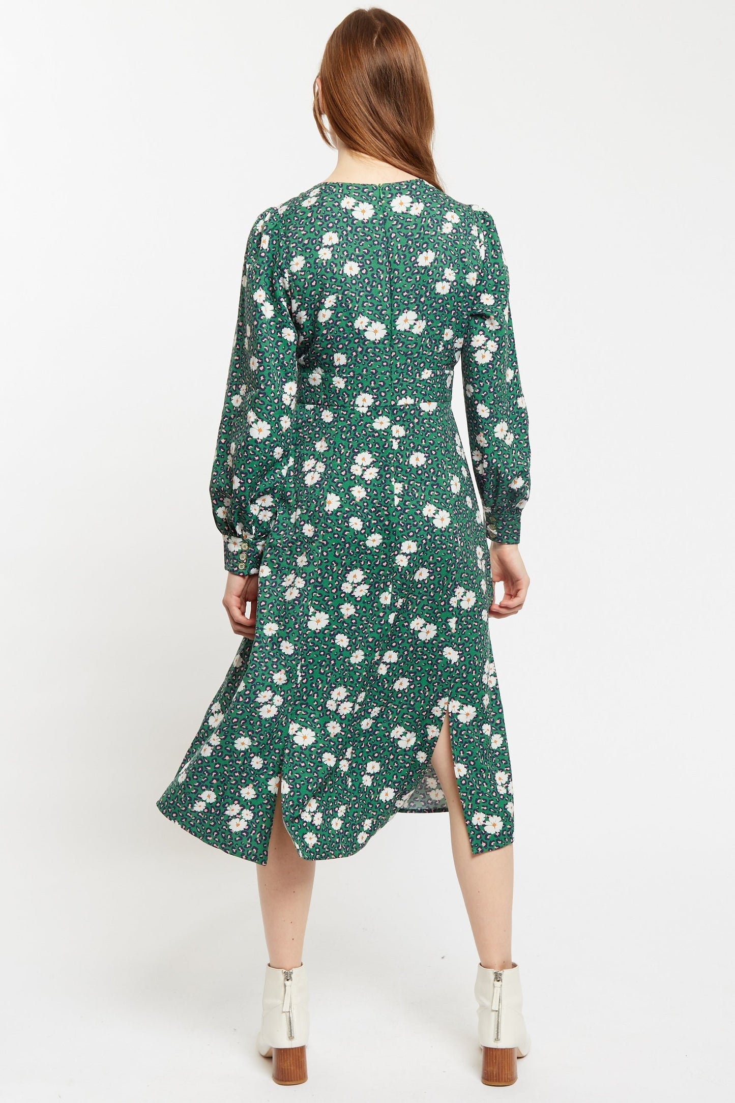 Liv Roaring Daisy Print Long Sleeve Midi Dress – Green - Bascora