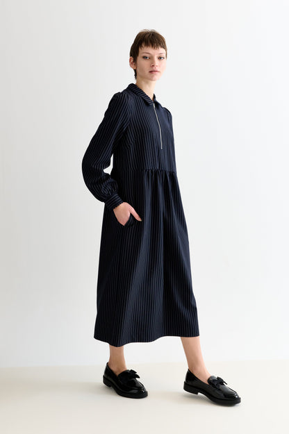 Manton Pinstripe Zip Front Lace Trim Midi Dress - Navy - Bascora