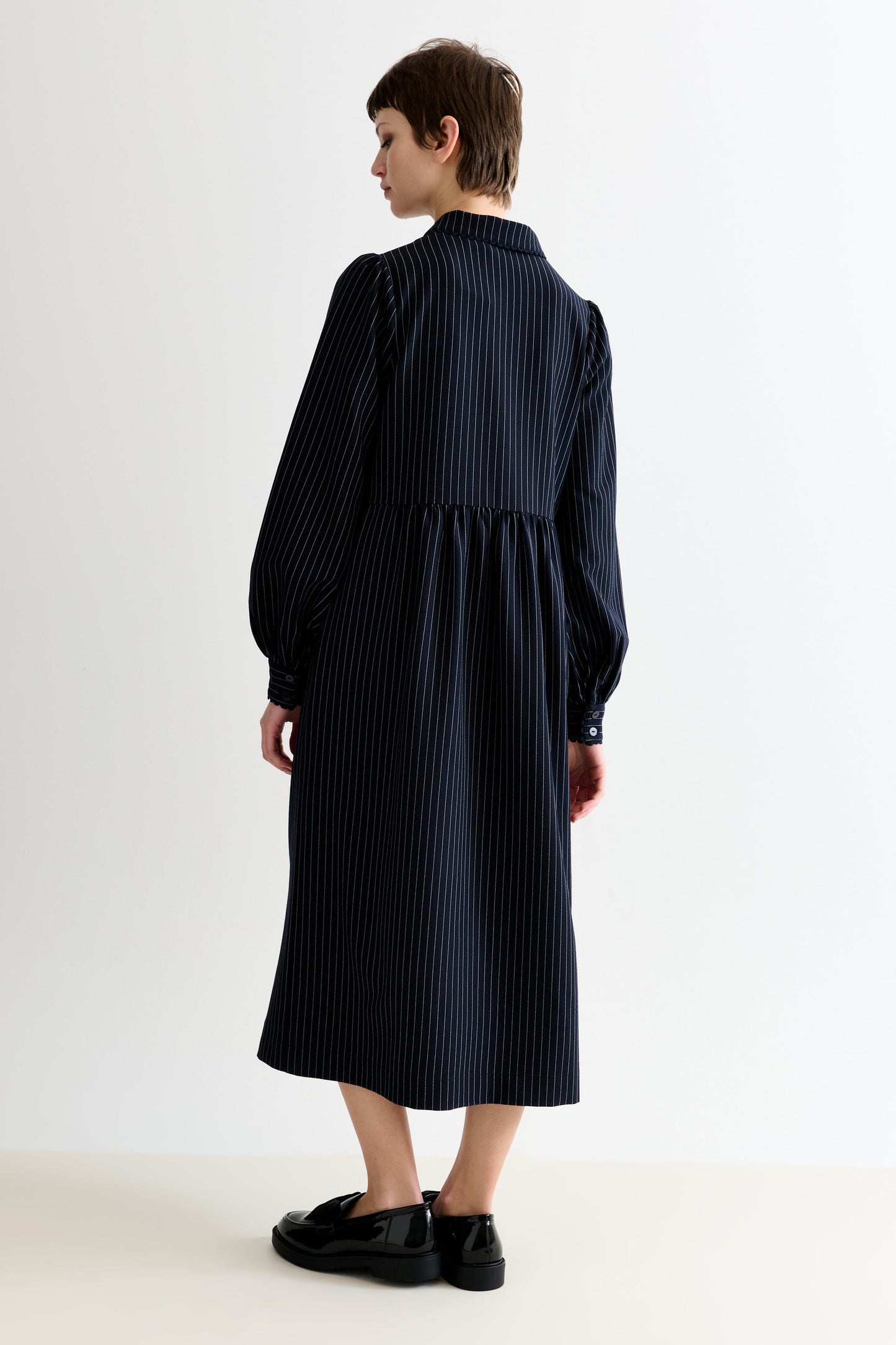 Manton Pinstripe Zip Front Lace Trim Midi Dress - Navy - Bascora