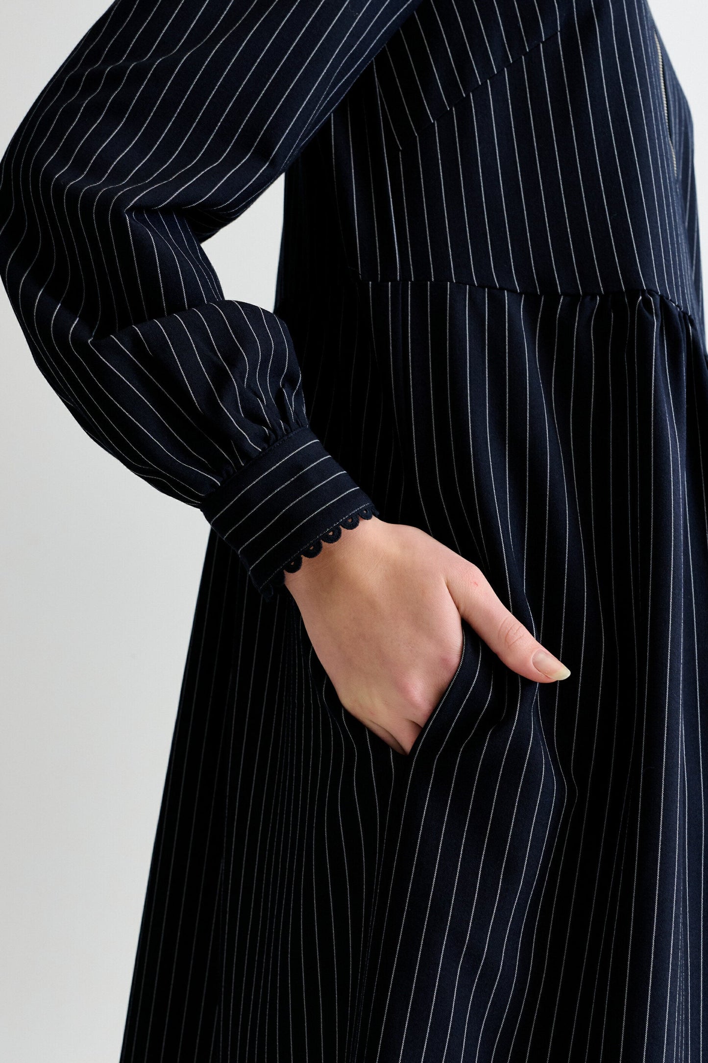 Manton Pinstripe Zip Front Lace Trim Midi Dress - Navy - Bascora