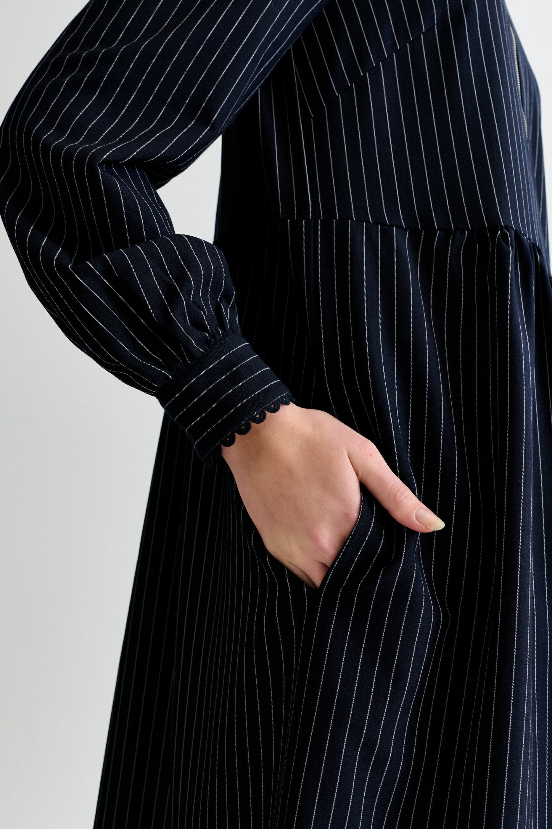 Manton Pinstripe Zip Front Lace Trim Midi Dress - Navy - Bascora