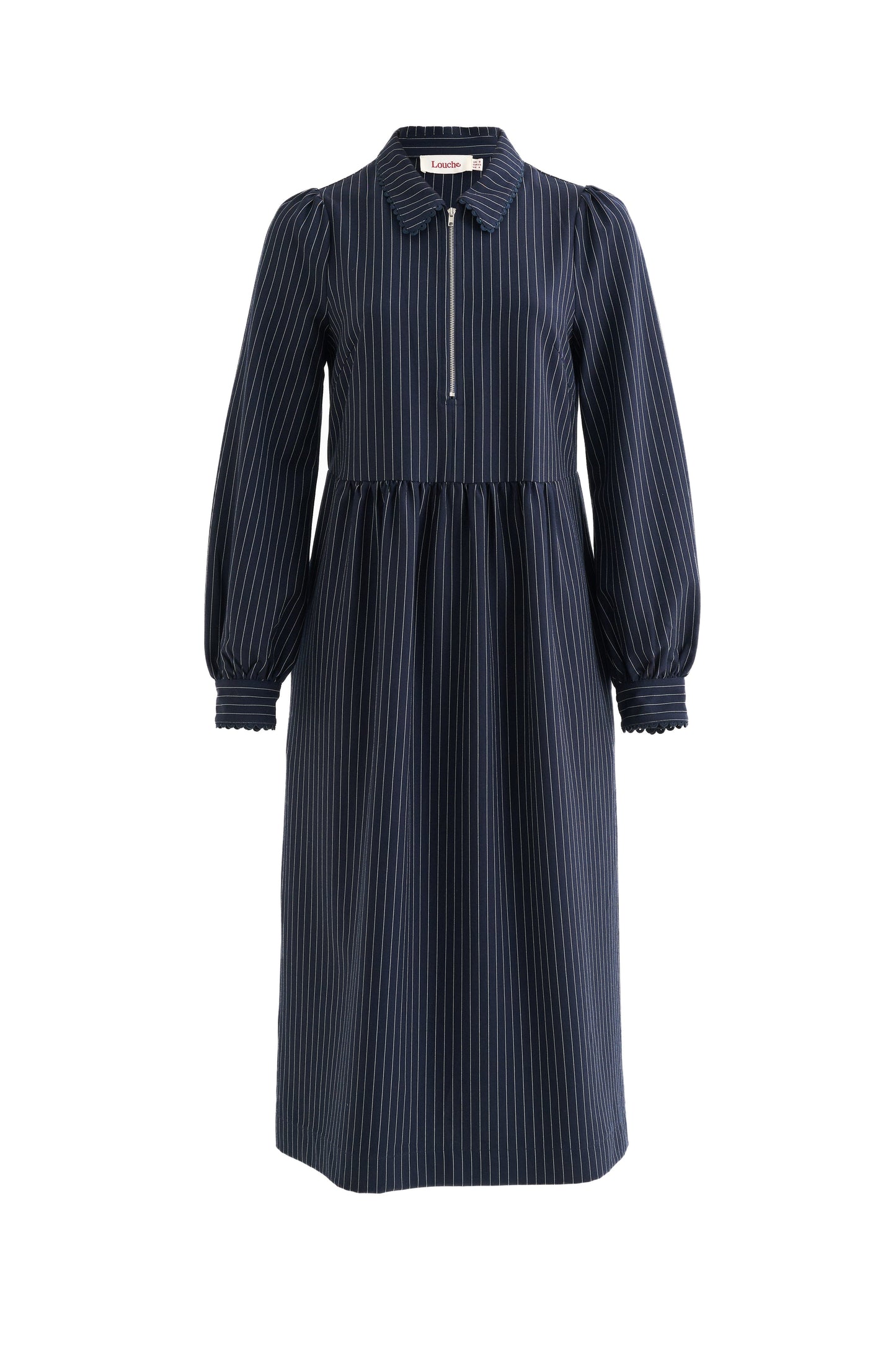 Manton Pinstripe Zip Front Lace Trim Midi Dress - Navy - Bascora