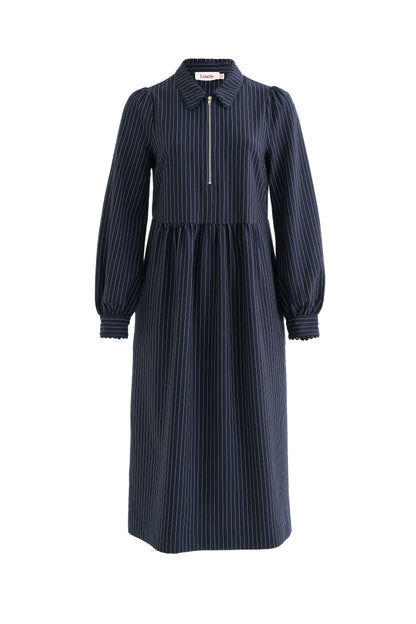Manton Pinstripe Zip Front Lace Trim Midi Dress - Navy - Bascora