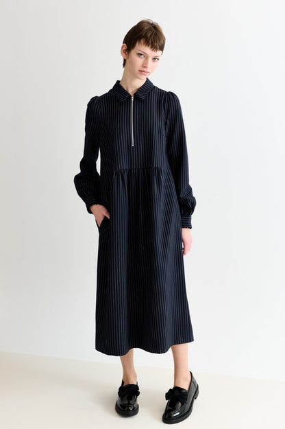 Manton Pinstripe Zip Front Lace Trim Midi Dress - Navy - Bascora