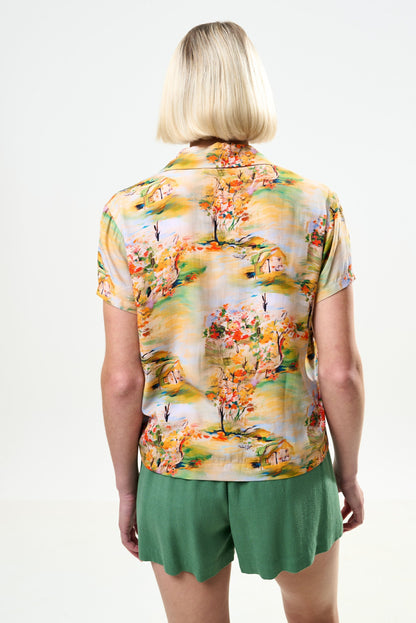 Marika Oriental Landscape Print Resort Shirt – Yellow - Bascora