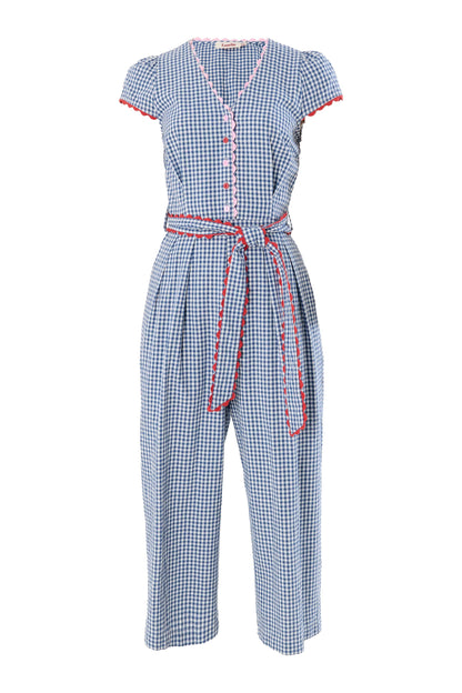 Marleen Gingham Ric Rac Trim Cropped Jumpsuit - Blue - Bascora